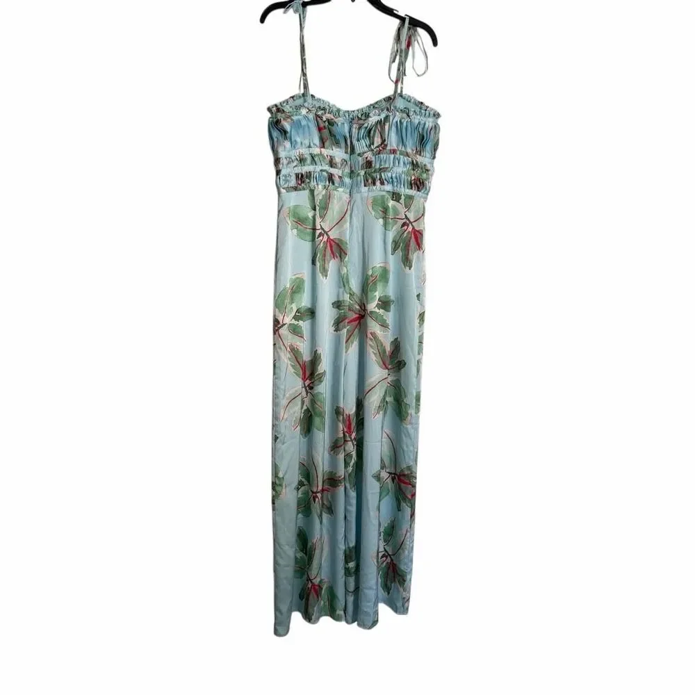 Anthropologie Hutch Ruched Satin Floral Wide Leg Jumpsuit Size 8